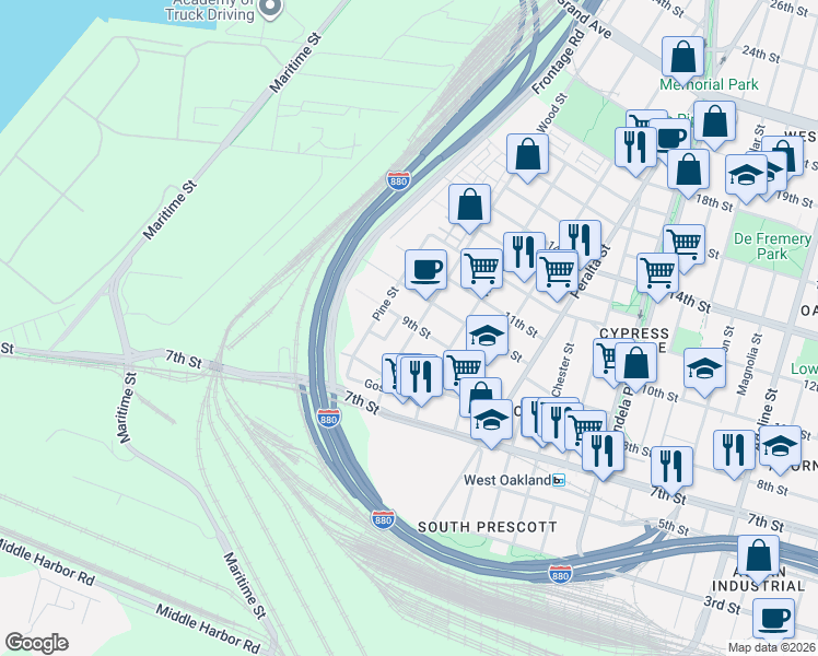 map of restaurants, bars, coffee shops, grocery stores, and more near 864 Wood Street in Oakland