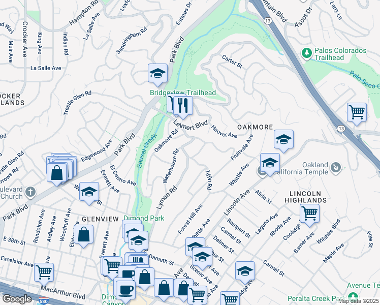 map of restaurants, bars, coffee shops, grocery stores, and more near in Oakland