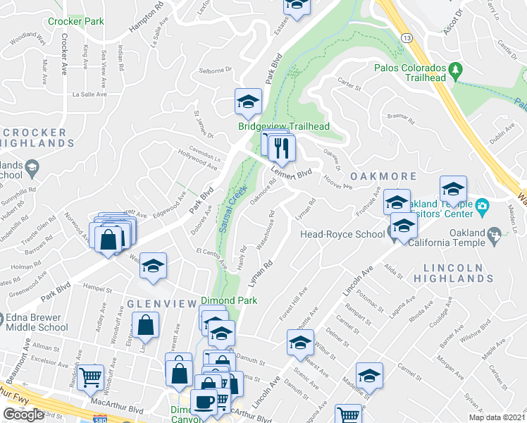map of restaurants, bars, coffee shops, grocery stores, and more near 4046 Waterhouse Road in Oakland