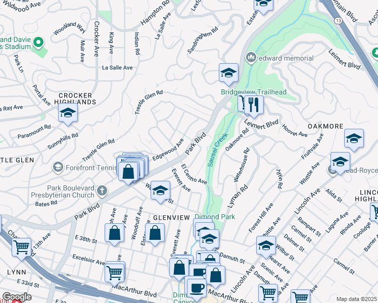 map of restaurants, bars, coffee shops, grocery stores, and more near 4634 Dolores Avenue in Oakland