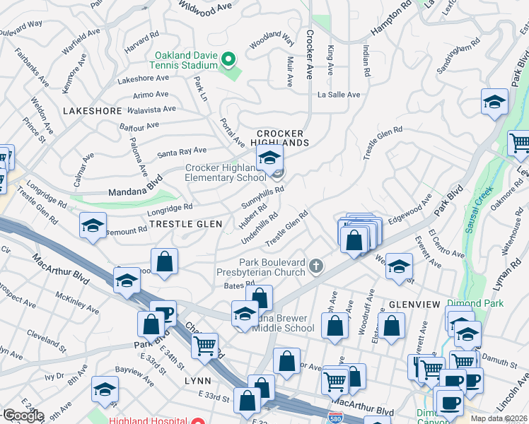 map of restaurants, bars, coffee shops, grocery stores, and more near 1035 Underhills Road in Oakland