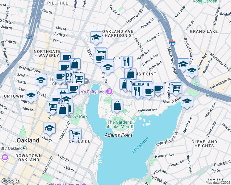 map of restaurants, bars, coffee shops, grocery stores, and more near in Oakland