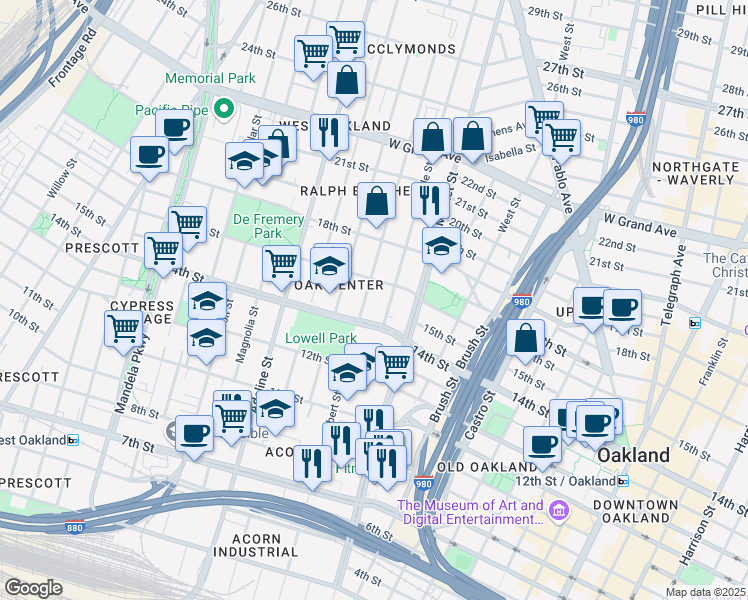 map of restaurants, bars, coffee shops, grocery stores, and more near in Oakland