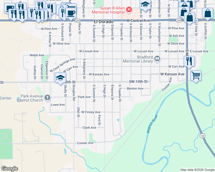 map of restaurants, bars, coffee shops, grocery stores, and more near 904 South High Street in El Dorado