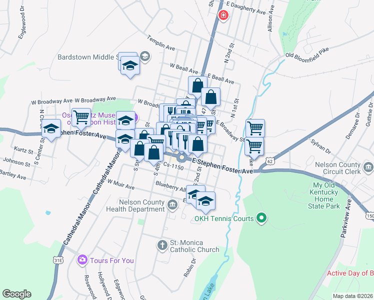 map of restaurants, bars, coffee shops, grocery stores, and more near 107 North 3rd Street in Bardstown