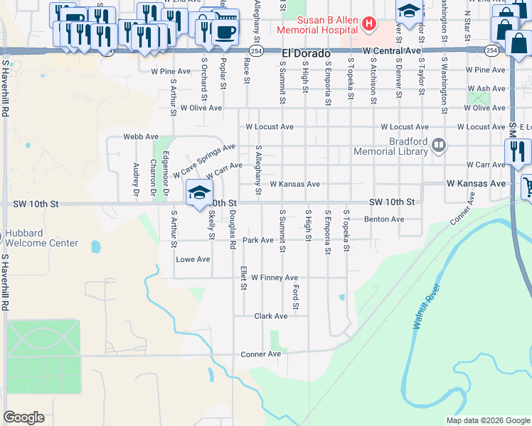 map of restaurants, bars, coffee shops, grocery stores, and more near 935 South Summit Street in El Dorado