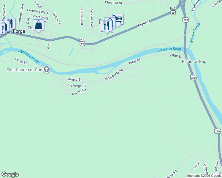 map of restaurants, bars, coffee shops, grocery stores, and more near Old County Road in Clifton Forge