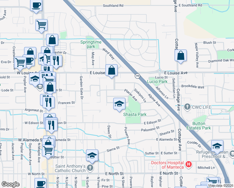 map of restaurants, bars, coffee shops, grocery stores, and more near 747 Evergreen Way in Manteca