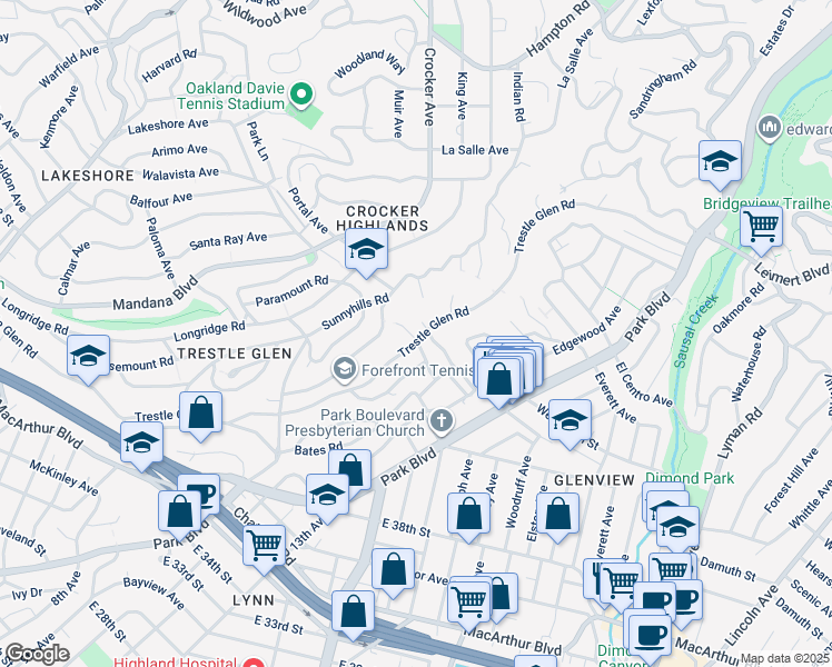 map of restaurants, bars, coffee shops, grocery stores, and more near 1462 Trestle Glen Road in Oakland