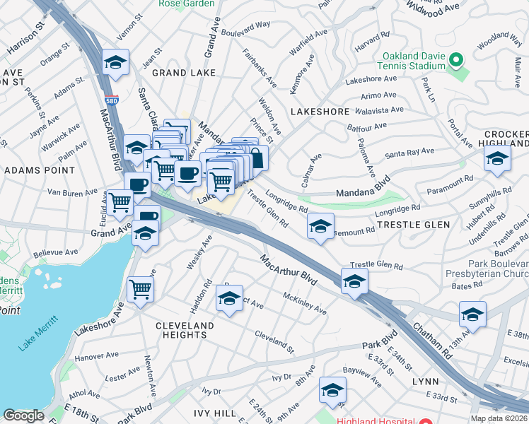 map of restaurants, bars, coffee shops, grocery stores, and more near 668 Brookwood Place in Oakland