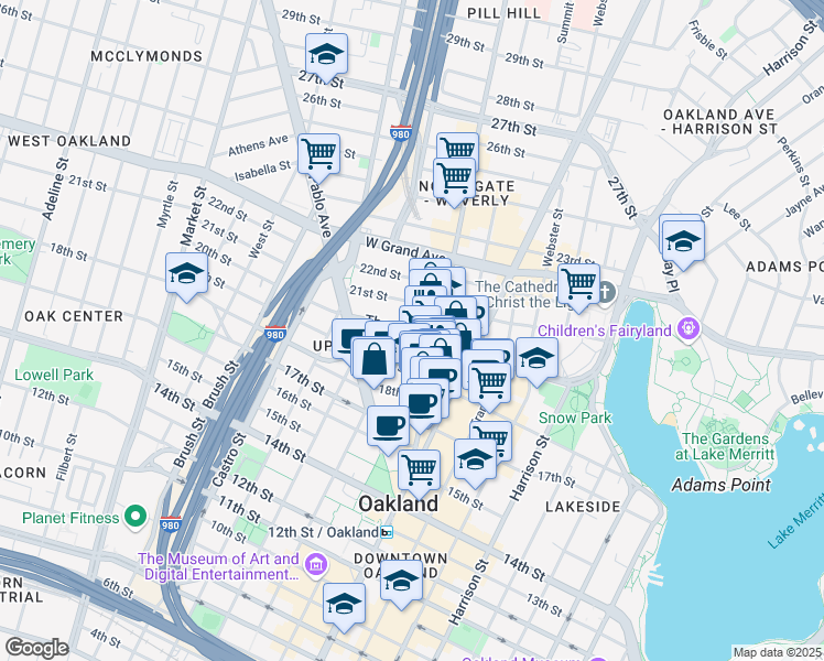 map of restaurants, bars, coffee shops, grocery stores, and more near 500 William Street in Oakland