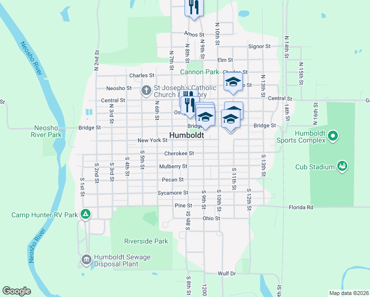 map of restaurants, bars, coffee shops, grocery stores, and more near 701-799 Cherokee Street in Humboldt