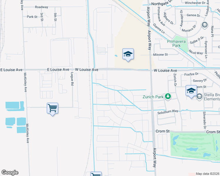 map of restaurants, bars, coffee shops, grocery stores, and more near 2490 West Louise Avenue in Manteca