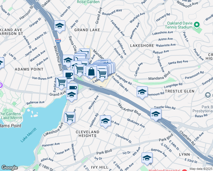 map of restaurants, bars, coffee shops, grocery stores, and more near in Oakland