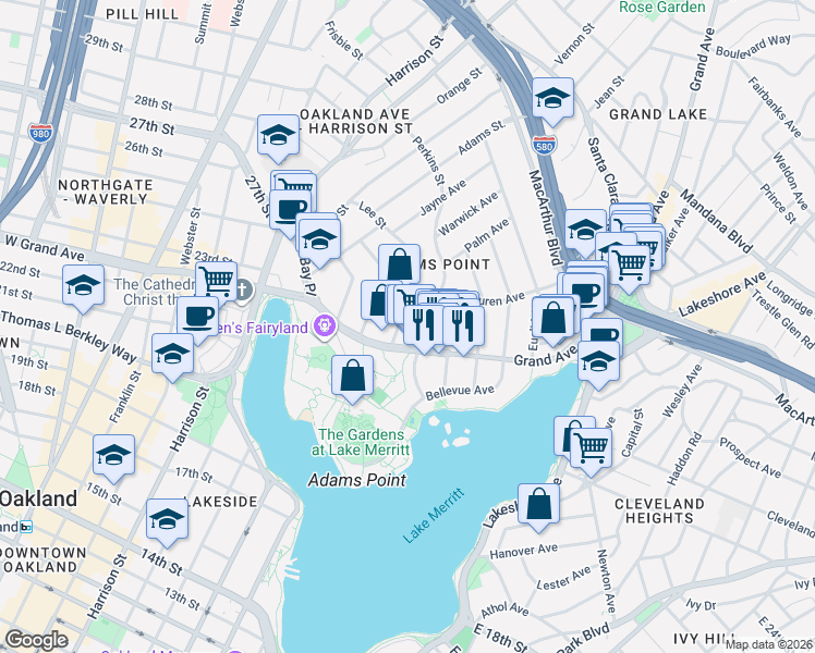 map of restaurants, bars, coffee shops, grocery stores, and more near in Oakland