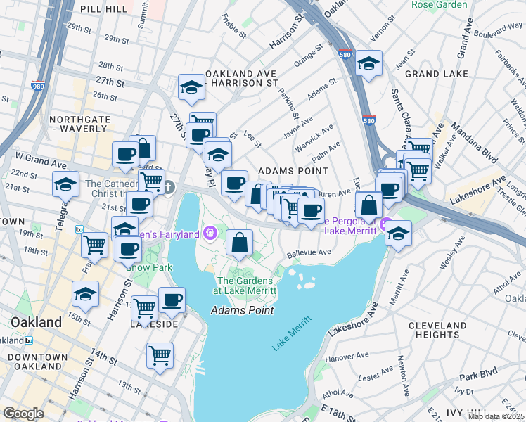 map of restaurants, bars, coffee shops, grocery stores, and more near 298 Grand Avenue in Oakland