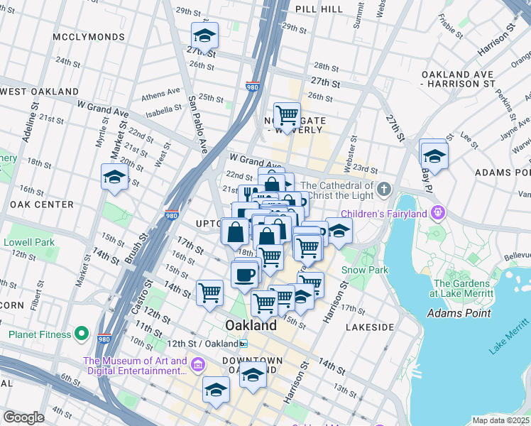 map of restaurants, bars, coffee shops, grocery stores, and more near 500 William Street in Oakland