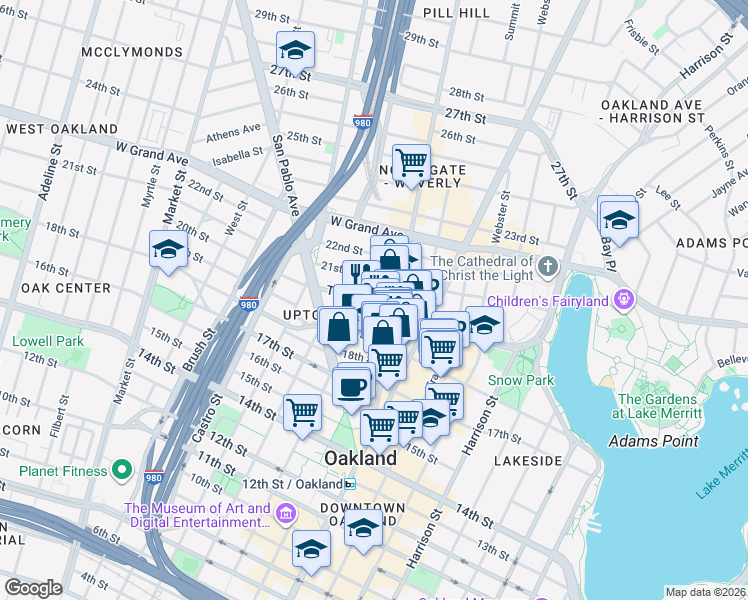 map of restaurants, bars, coffee shops, grocery stores, and more near 500 William Street in Oakland
