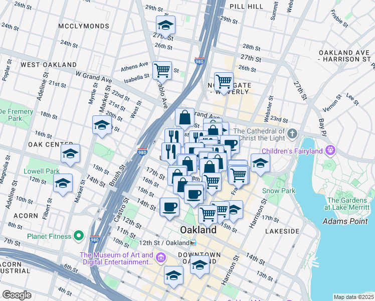 map of restaurants, bars, coffee shops, grocery stores, and more near in Oakland