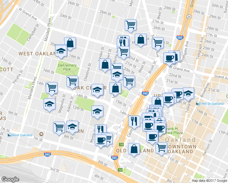 map of restaurants, bars, coffee shops, grocery stores, and more near 1520 Market Street in Oakland