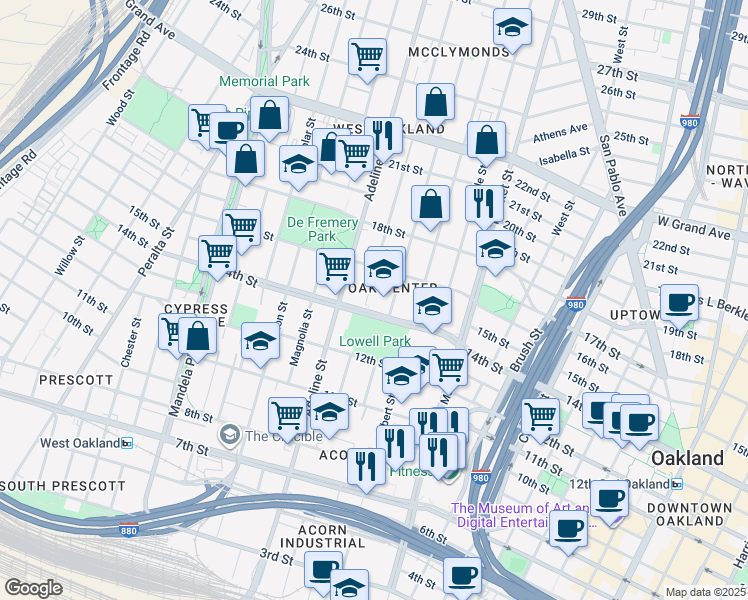 map of restaurants, bars, coffee shops, grocery stores, and more near 1060 14th Street in Oakland