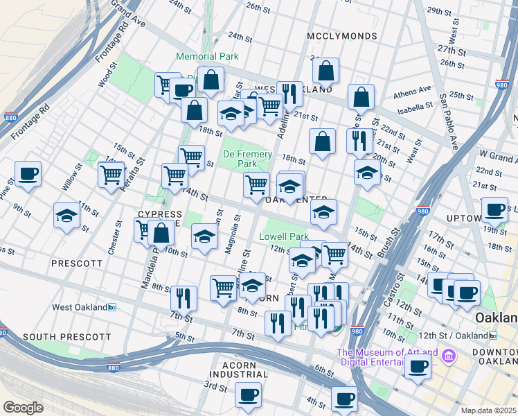 map of restaurants, bars, coffee shops, grocery stores, and more near in Oakland