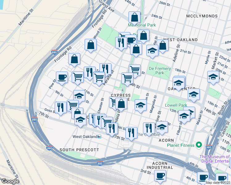 map of restaurants, bars, coffee shops, grocery stores, and more near 1120 Center Street in Oakland