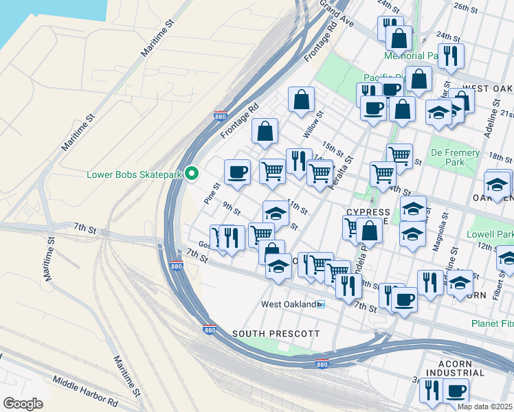 map of restaurants, bars, coffee shops, grocery stores, and more near 900 Willow Street in Oakland