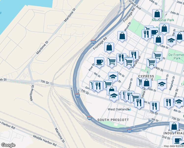 map of restaurants, bars, coffee shops, grocery stores, and more near 864 Wood Street in Oakland