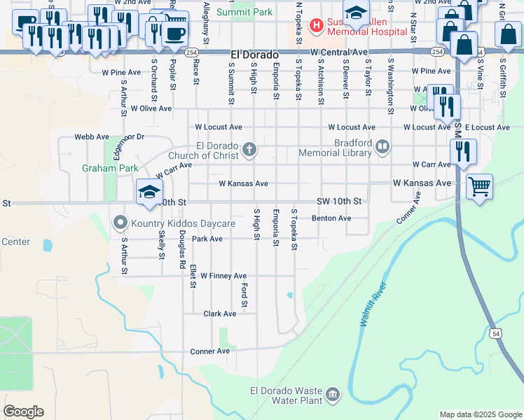 map of restaurants, bars, coffee shops, grocery stores, and more near 1003 South High Street in El Dorado