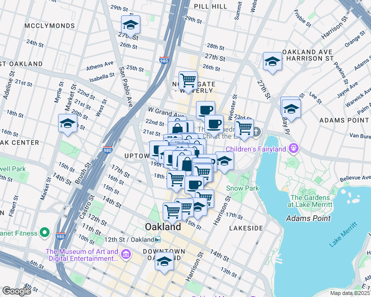 map of restaurants, bars, coffee shops, grocery stores, and more near in Oakland