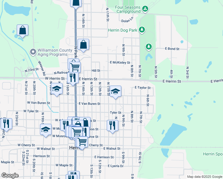 map of restaurants, bars, coffee shops, grocery stores, and more near 700 North 10th Street in Herrin