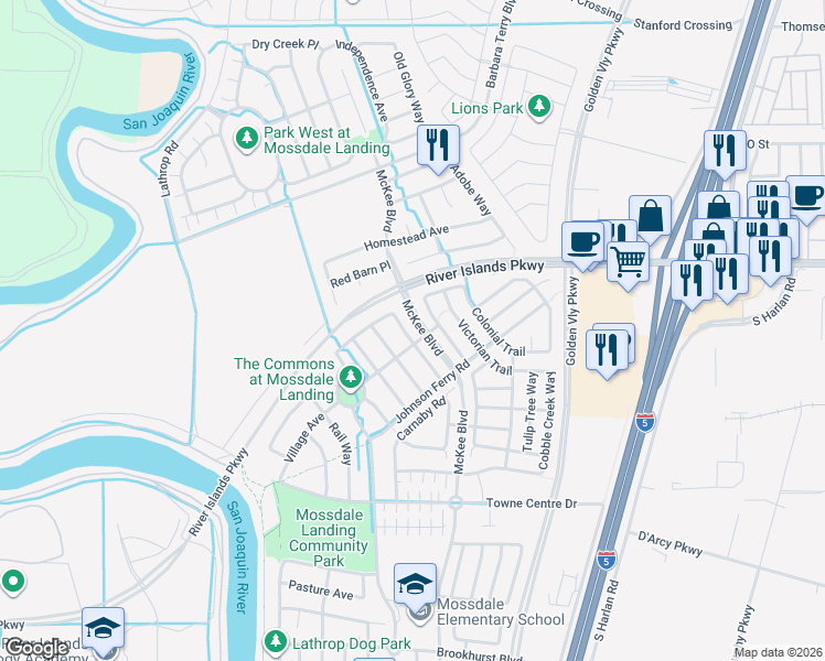 map of restaurants, bars, coffee shops, grocery stores, and more near 16800 Forty Niner Trail in Lathrop