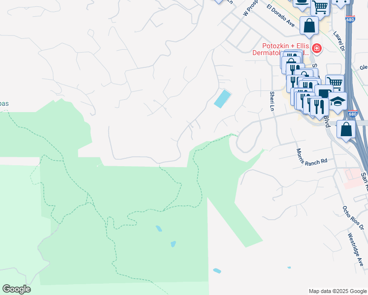 map of restaurants, bars, coffee shops, grocery stores, and more near 555 Highland Drive in Danville