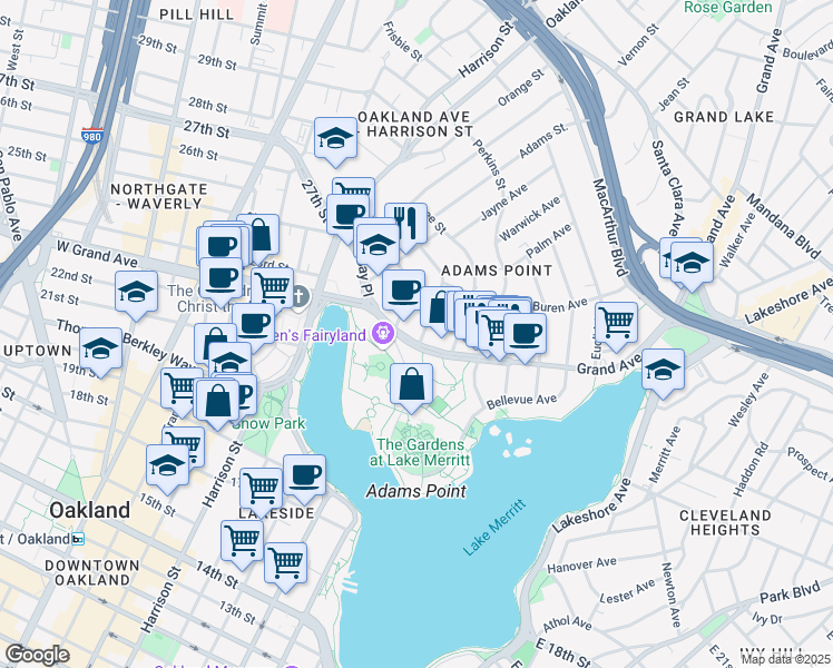 map of restaurants, bars, coffee shops, grocery stores, and more near in Oakland