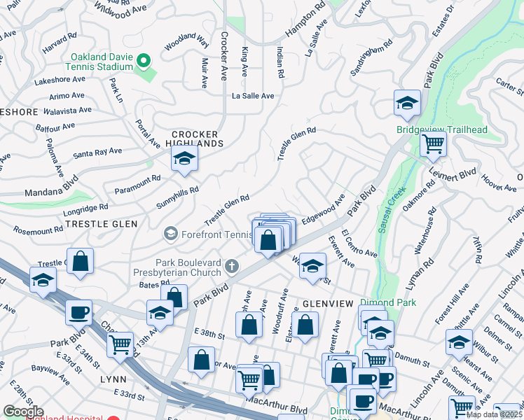map of restaurants, bars, coffee shops, grocery stores, and more near 900 Everett Avenue in Oakland