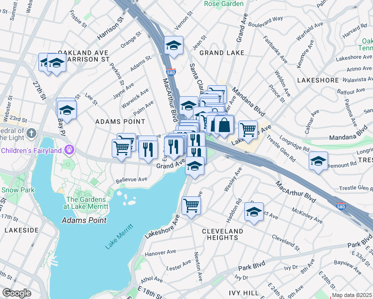 map of restaurants, bars, coffee shops, grocery stores, and more near 599 El Embarcadero in Oakland