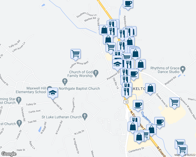 map of restaurants, bars, coffee shops, grocery stores, and more near 224 Pinewood Drive in Beckley
