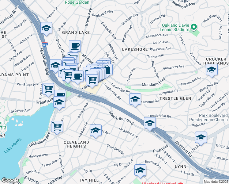 map of restaurants, bars, coffee shops, grocery stores, and more near 700 Trestle Glen Road in Oakland