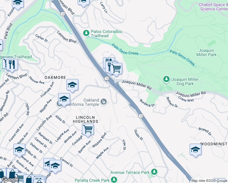 map of restaurants, bars, coffee shops, grocery stores, and more near 4949 Lincoln Avenue in Oakland