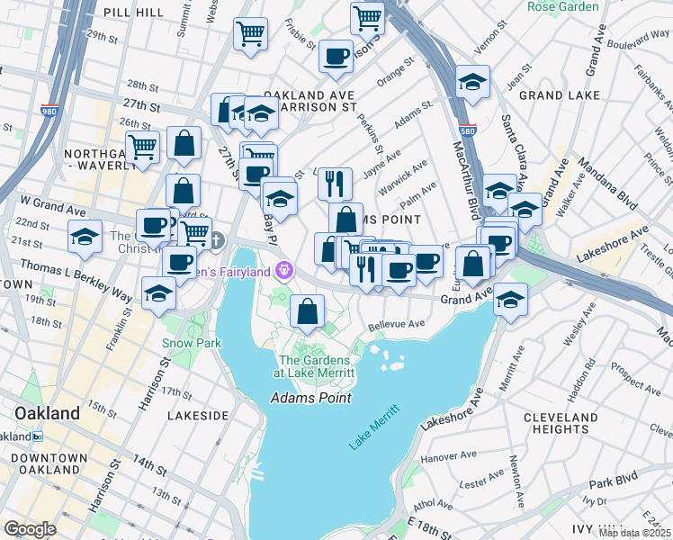 map of restaurants, bars, coffee shops, grocery stores, and more near 451 Lee Street in Oakland
