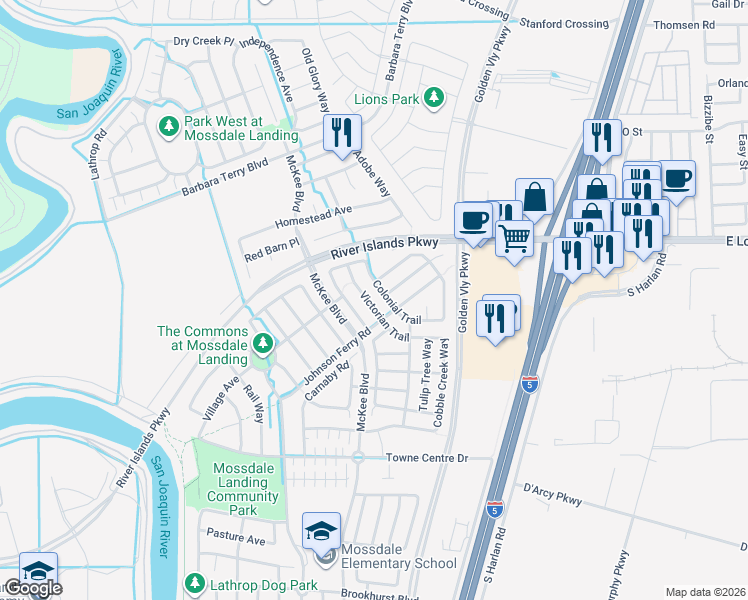 map of restaurants, bars, coffee shops, grocery stores, and more near 16654 Colonial Trail in Lathrop