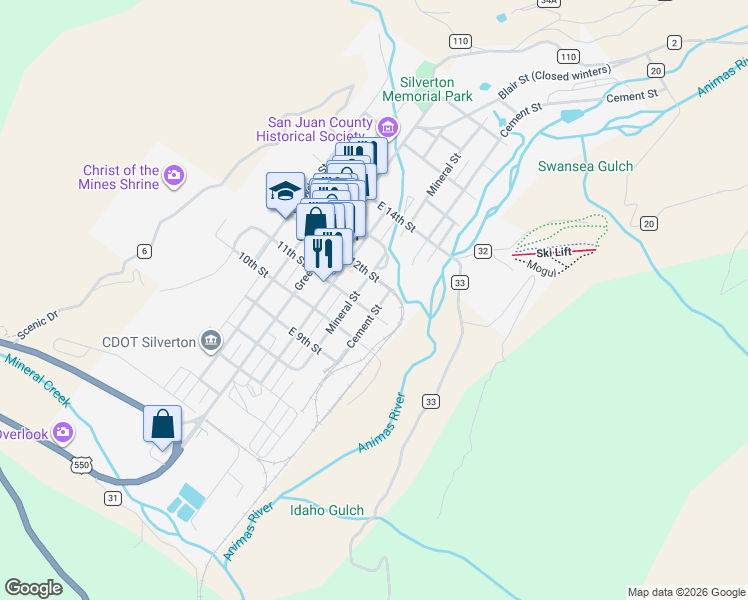 map of restaurants, bars, coffee shops, grocery stores, and more near East 12th Street in Silverton