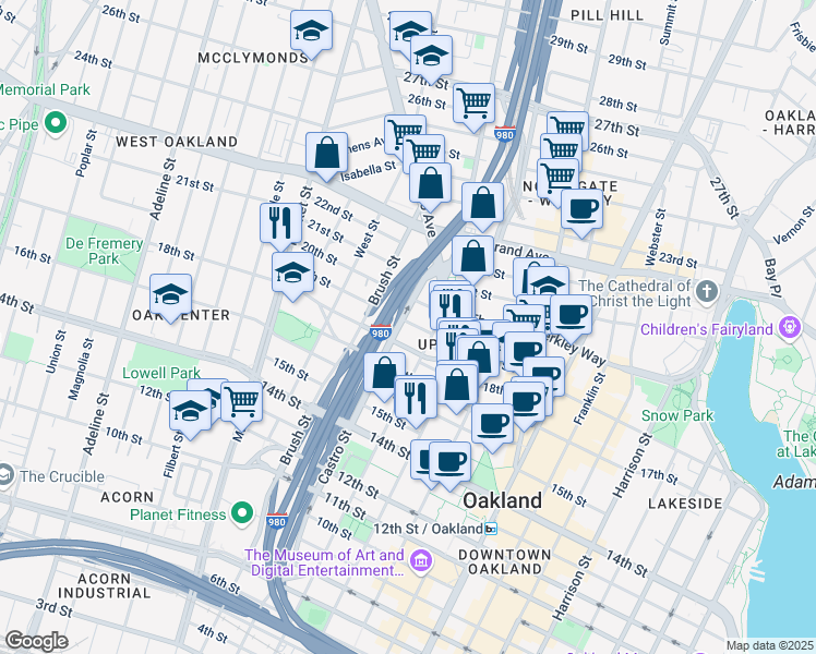 map of restaurants, bars, coffee shops, grocery stores, and more near 1830 Castro Street in Oakland