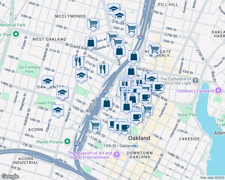map of restaurants, bars, coffee shops, grocery stores, and more near 8248 Castro Street in Oakland