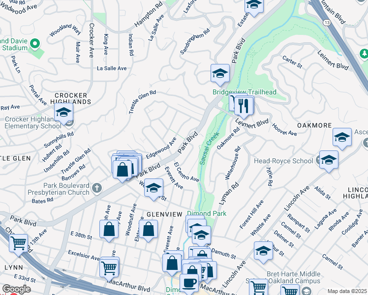 map of restaurants, bars, coffee shops, grocery stores, and more near 4655 Park Boulevard in Oakland