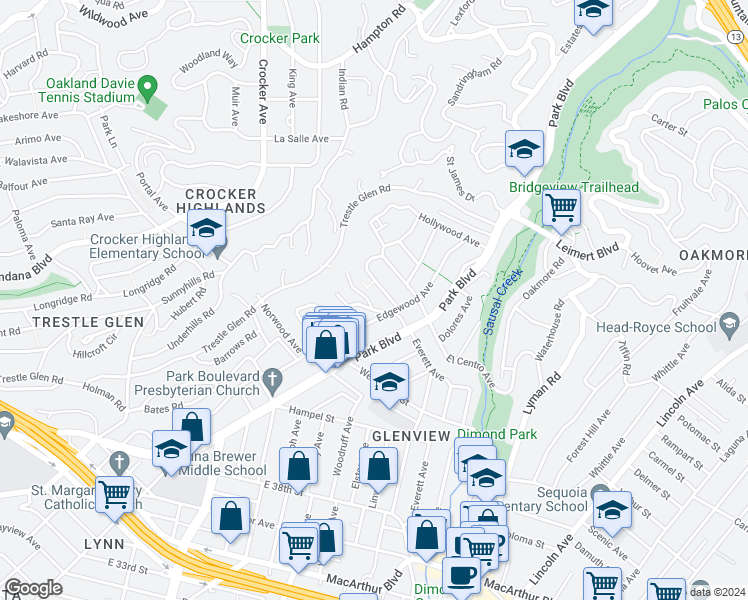 map of restaurants, bars, coffee shops, grocery stores, and more near 1106 Glendora Avenue in Oakland