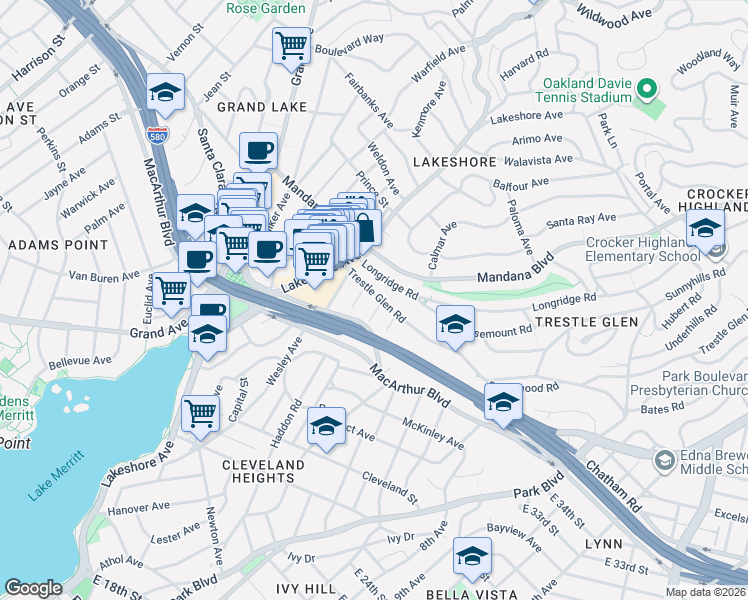 map of restaurants, bars, coffee shops, grocery stores, and more near 632 Trestle Glen Road in Oakland