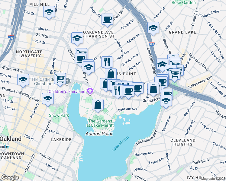 map of restaurants, bars, coffee shops, grocery stores, and more near 406 Lee Street in Oakland