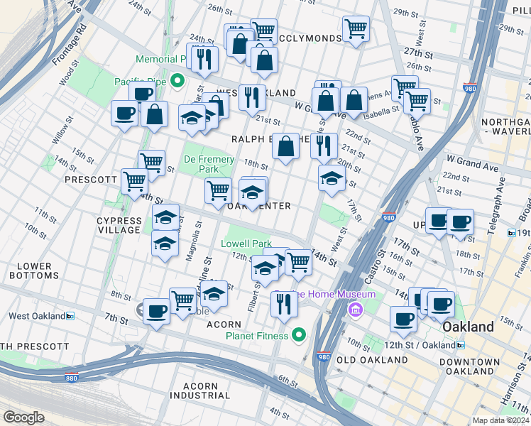 map of restaurants, bars, coffee shops, grocery stores, and more near 1014 16th Street in Oakland